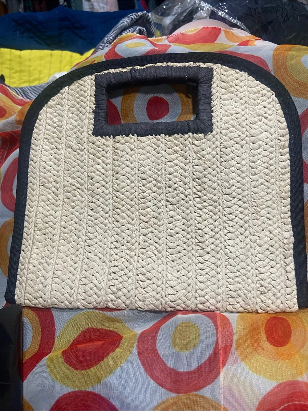 A new day Neutral Woven Straw Clutch with Black Trim